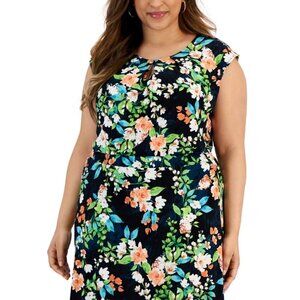 KASPER Plus Size Floral-Print Keyhole Cap Sleeve Stretchy Top NWT